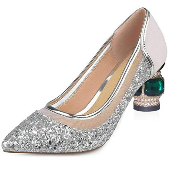 FSJ Shoes - FSJ Gorgeous Crystal Chunky Low Heel Pumps Comfy